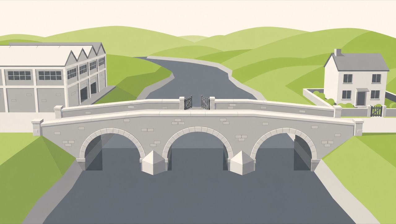 Brückenszene als flache Grafik (Stilbeispiel, mit KI erzeugt)