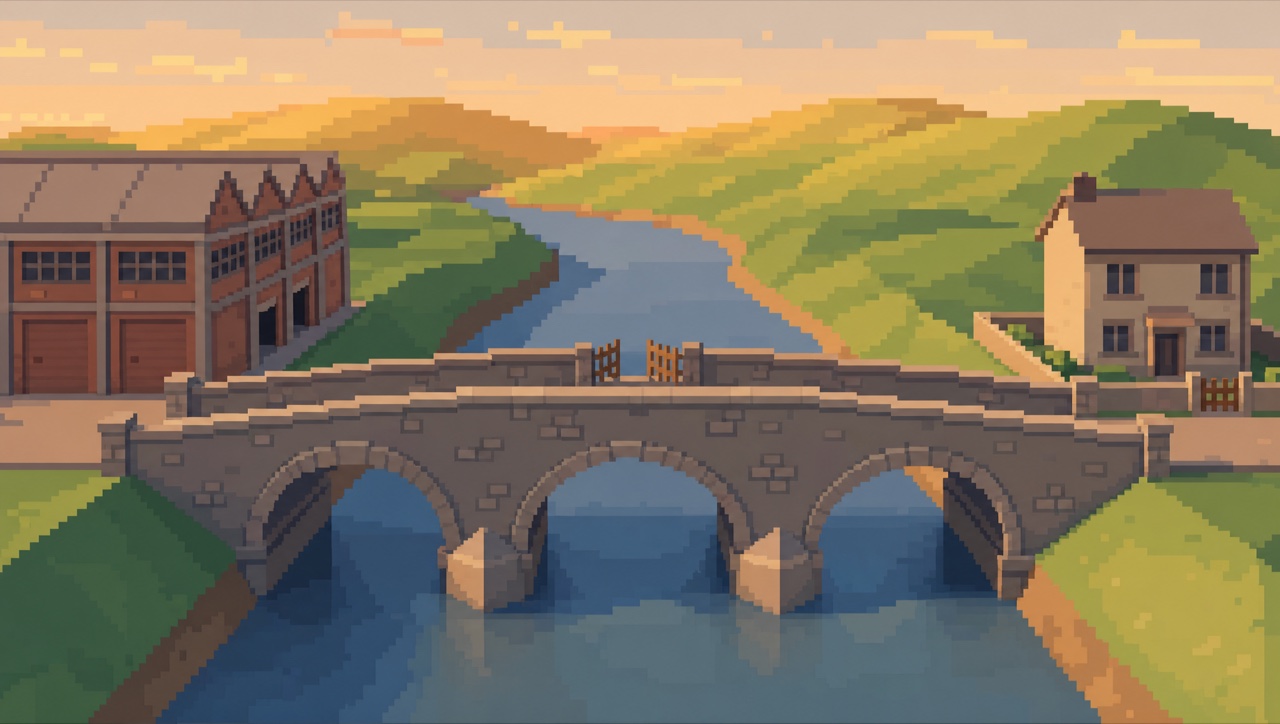 Brückenszene als Pixelart (Stilbeispiel, mit KI erzeugt)
