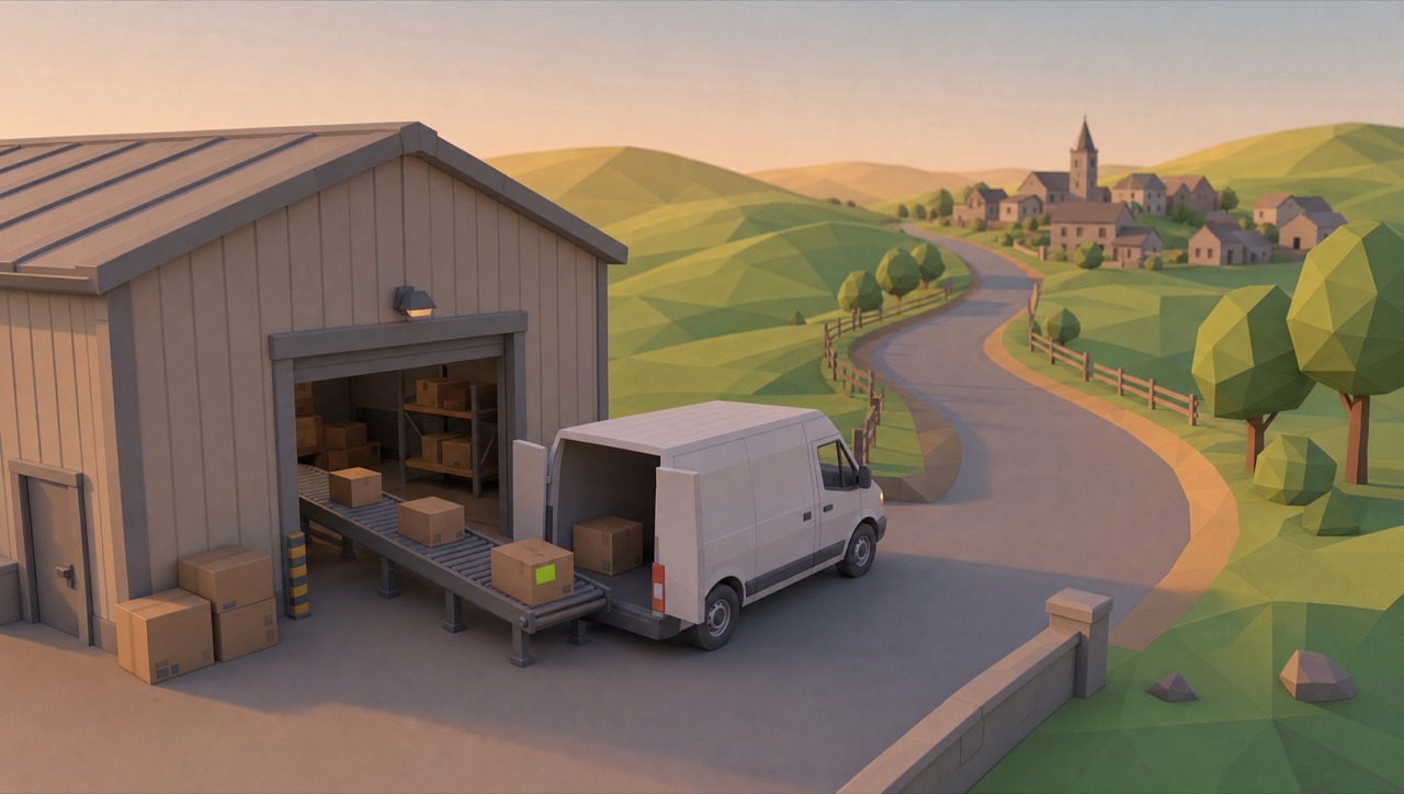 Logistikdepot mit Lieferwagen an der Rampe im selben Stil (Themenbeispiel, mit KI erzeugt)